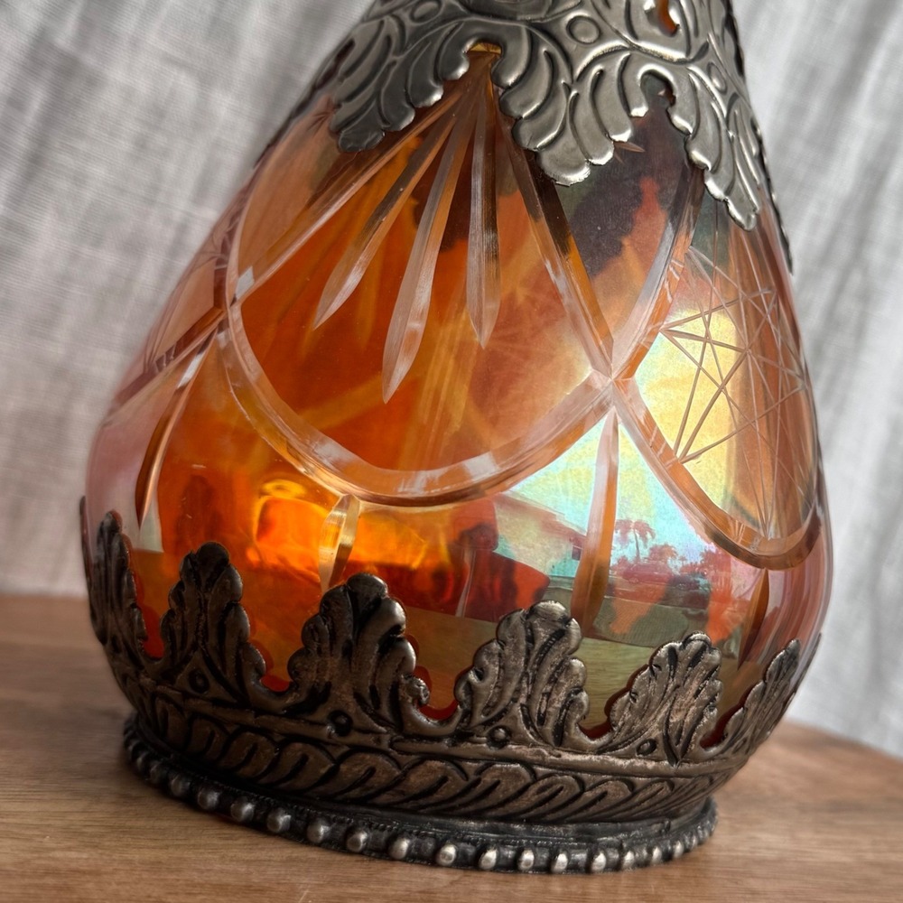 Vintage German Amber Iridescent Decanter Ornate Silver Metal Overlay 9.5" - Picture 3 of 9